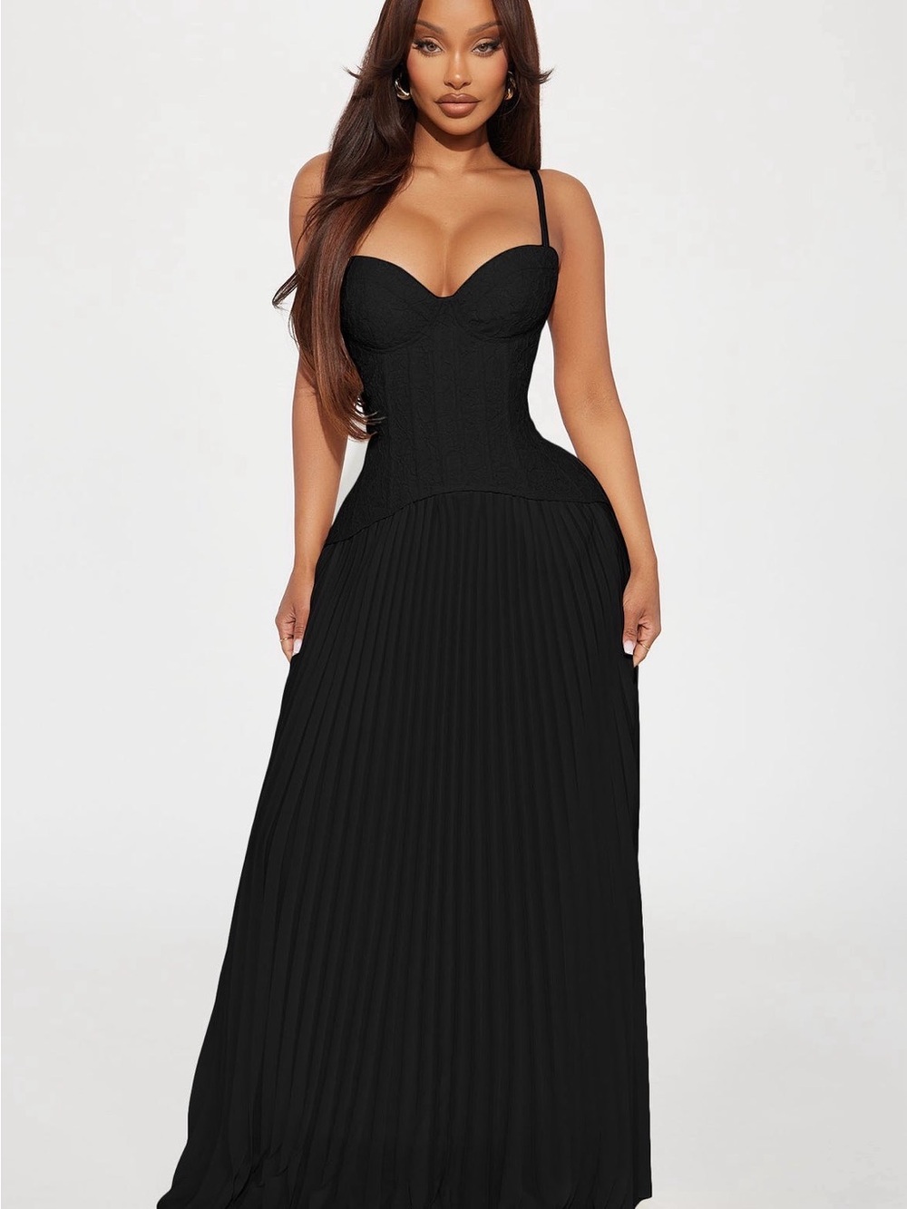 Fashion Nova Black Pleated Corset Maxi Dress